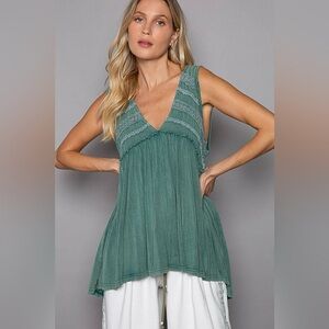 POL Evergreen Flowy Boho Babydoll High/Low Tank Top with Crochet Detail